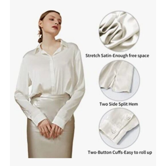 Escalier Womens Sz L Blouse Hidden Button Front Long Sleeve White Silky Top NWT - Picture 2 of 9